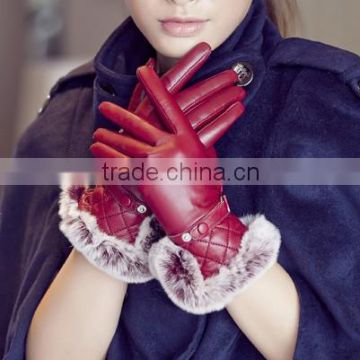 women fashion keep warm leahter gloves with rex rabbit fur trim