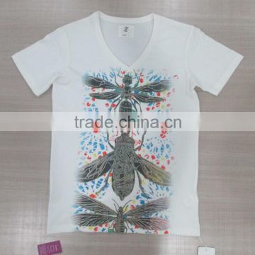 2016 hot selling colorfull printing on the front of men white V-neck short sleeve T-shirt