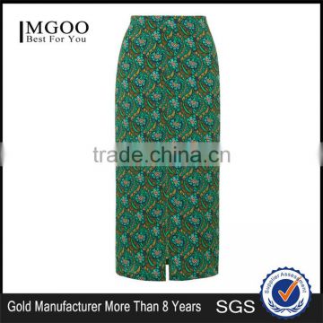 New Arrival Customized 95% Rayon 5% Spandex Floral Split Front Midi Skirts Green Split Floral Skirts