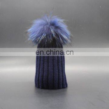 Fashion Custom Made UK Style Crochet Beanie Child Winter Hats With Top Raccoon Fur Pom Pom