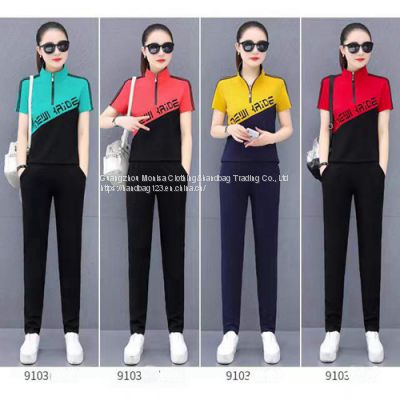 Monisa sports leisure colorful mixed suit with short sleeves and long trousers