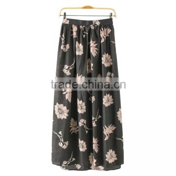 Ladies chiffon flower printed ruffle long skirt
