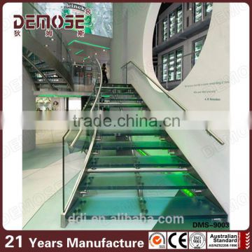 reditional stepped spine glass step stairs with stainless steel glass railing
