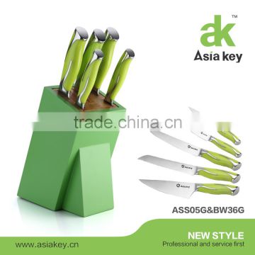 Green Stainless Steel Kitchen Knife Set in wood block