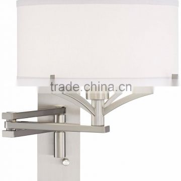 1031-7 Ideal next to a sitting or reading area Brushed Steel Metal Swing Arm Wall Lamp a drum lamp shade in a neutral hue
