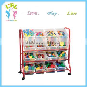 Preschool fruniture 4 layers steel Material toy Storage Shelves with plastic bins for sale