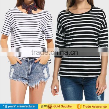 2017 Fashion lady casual clothing loose tee tops plus size o neck cotton black white striped t-shirts for big women summer