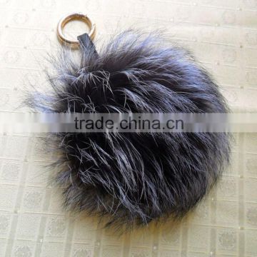 Wholesale Natural Silver Color Fox Fur Pom poms with Keychain