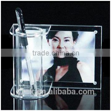 clear acrylic rundness pen holder display with picture display holder