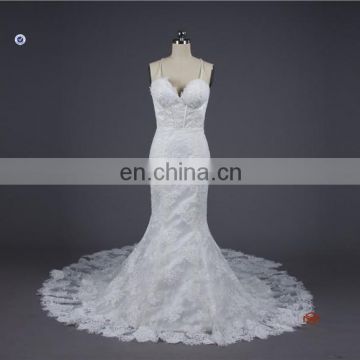 HMY-E0382 High End Custom Spaghetti Strap French Lace Wedding Dress Factory Sale Mermaid Bridal Dress Lace Embellishment