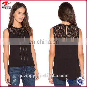 Black Lace with Half Sheer Material Images of Ladies Casual Tops