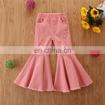 2020 kids Girl bell bottom pants ripped hole denim pant  Baby Girl Fashion solid trousers wholesale long pant
