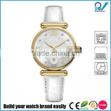 PVD gold ladies stainless steel case steel back watch japan quartz movement Sapphire glass with white double genuine leather