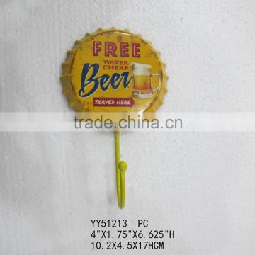 Wholesale custom beer cap embossed metal wall hook, factory cheap metal hook