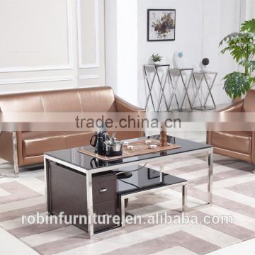 RB-1502 Modern black stoving varnish rectangular wooden drawer tempered glass coffee table with stainless steel chinese tea set