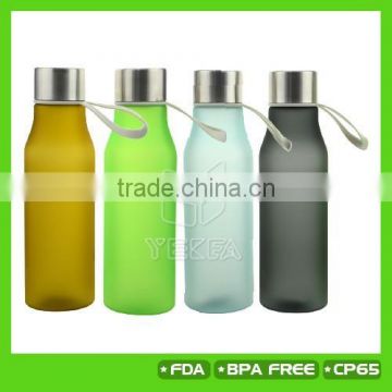 600ml Frosted plastic glass water bottle with silicone sleeve