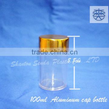 acrylic plastic type plastic bottle with golden cap ,Screw Cap Sealing Type100ML transparent bottle for pill