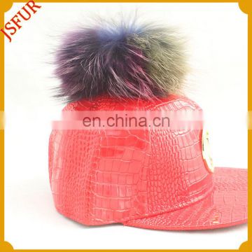 Hot sale big size colourful raccoon fur pom pom leather fur hat