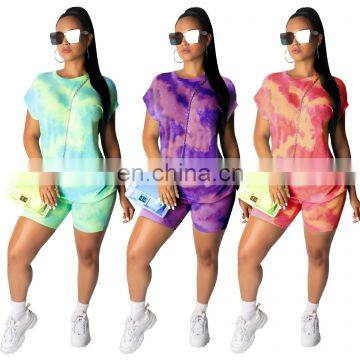 Fashionable women sweat suit short sleeve and pant sets tie dye printing women jogging two pieces suit