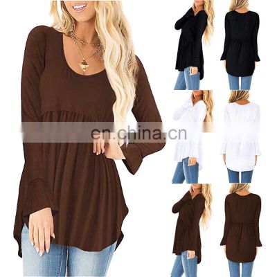 Wholesale custom women's tops Western style Spring and Autumn new fashion Solid color Round neck Long sleeve
