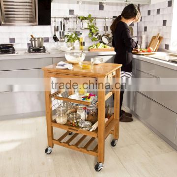 3 tiers bamboo kitchen trolley with drawer,wine rack and basket multifunction kitchen food cart