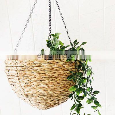 Hot Sale Water Hyacinth Woven Hanging Basket Planter with Lining Modern Boho Straw Cover for Flower Pot