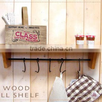 Rustic wood wall shelf with hooks for kitchen deco