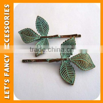 PGHD0295 New design retro fancy metal green leaf decorative hair clips