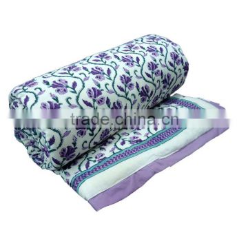 Indian Hand Block Printed Queen Size Quilt Violet Creeper
