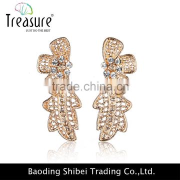 Hot sale Jewelry golden alloy hollow crystal flower stud long women earrings jewelry for bride