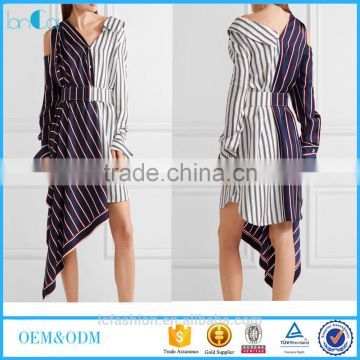 Plus size Off-the-shoulder asymmetric striped shirt with long sleeve