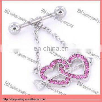 pink crystal stainless steel nipple ring with heart shaped body piercing jewelry