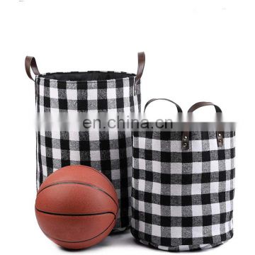 large collapsible storage basket with leather handles red buffalo plaid leather storage basket Organizer  leather laundry basket