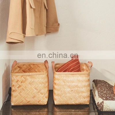 Hot Sale Woven Natural Woven Bamboo Storage Basket With Leather Handle Wholesale Handwoven Made in Vietnam