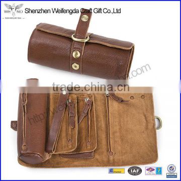 Soft Genuine Leather Handmade Roll up Pencil Pen Pouch Bag Organizer with Zipper and Snap Closure