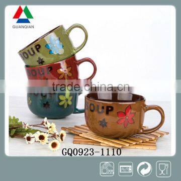 2015 New shape ceramic soup bowl with handle and painted wholesale