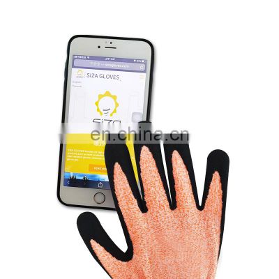 Screen Touch Fluorescent orange Cut Resistant HPPE  Nitrile Coating on Palm work safety micro-touch exam glove