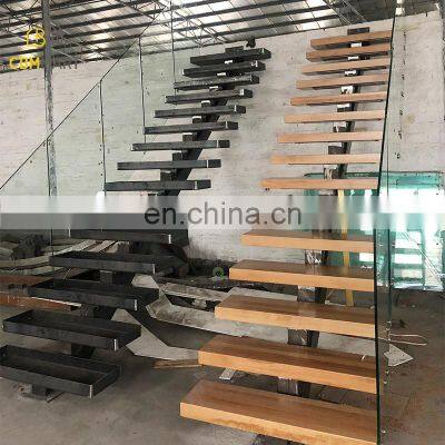 Floating straight stairs wood stair middle stringer staircase with wood tread and frameless glass railing