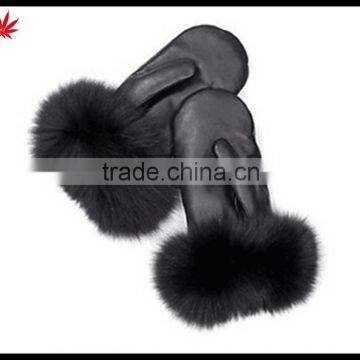 High Quality ladies touchscreen mitten leather gloves with fox fur