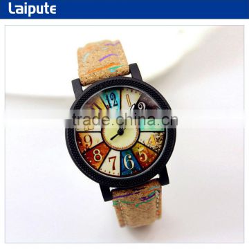 Unisex vintage numeral wood grain style leather wristwatch with colorful dial