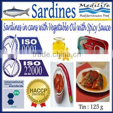 Sardines in cans in Vegetable Oil with Spicy Sauce ,High Quality Canned Sardines, Sardines in cans with Spicy Sauce 125g