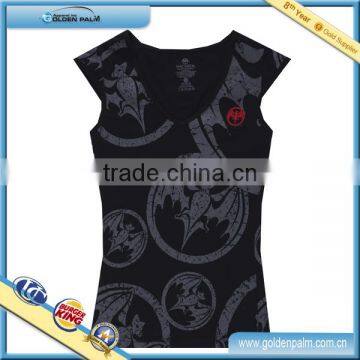 Wholesale black printed V-neck tops, custom cheap fitted tops, V-neck sexy tops