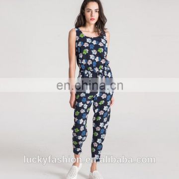 Women Cotton Polyester Sleeveless Strings Design Casual Harem Pants Floral Printed Jumpsuits
