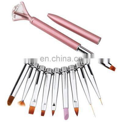 High Quality Diamond Shape 10pcs Rose Gold Custom Nail Tool Set Replace Head Nail Art Brush With Metal Handle