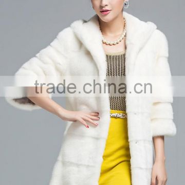 emk1443 fashionable white hood mink fur coat 3/4sleeves