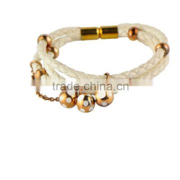 Beautiful Stainless Steel White Leather Bangle with Gold Plating 316L Leather Bracelet