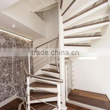 white color steel wood spiral stairs/ stainless steel handrail spiral staircase