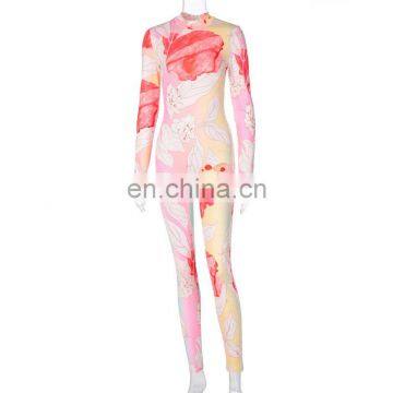 TWOTWINSTYLE Jumpsuit For Women Hit Color Print O Neck Long Sleeve Full Length Slim