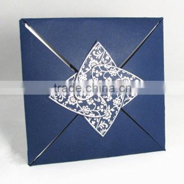 Unique & creative blue folded wedding invitations with heart laser cut for wedding