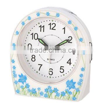 Silk Blue Flower pattern printing Analog Quartz Table Alarm Clock